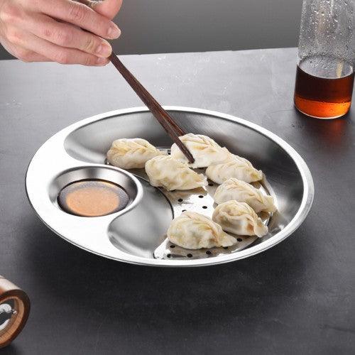Multifunctional Stainless Steel Plate with Dipping Saucer Round Double-layer Water Oil Draining Tray 28cm - Toytexx Multifunctional Stainless Steel Plate with Dipping Saucer Round Double-layer Water Oil Draining Tray 28cm - Toytexx